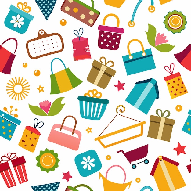 Un patrón sin costuras con coloridas cajas de regalos bolsas y otros elementos lindos