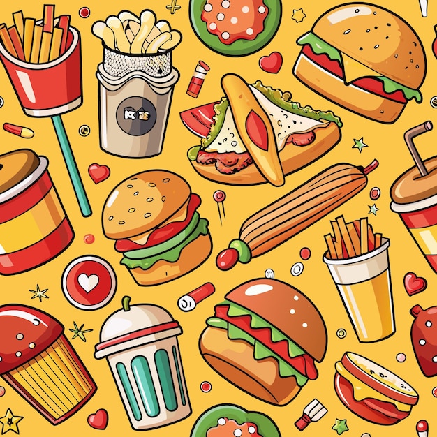 Patrón sin costuras con coloridas comidas y bebidas rápidas
