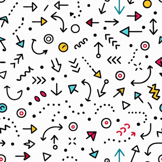 Patrón sin costuras de coloridas flechas y puntos dibujados a mano sobre un fondo blanco
