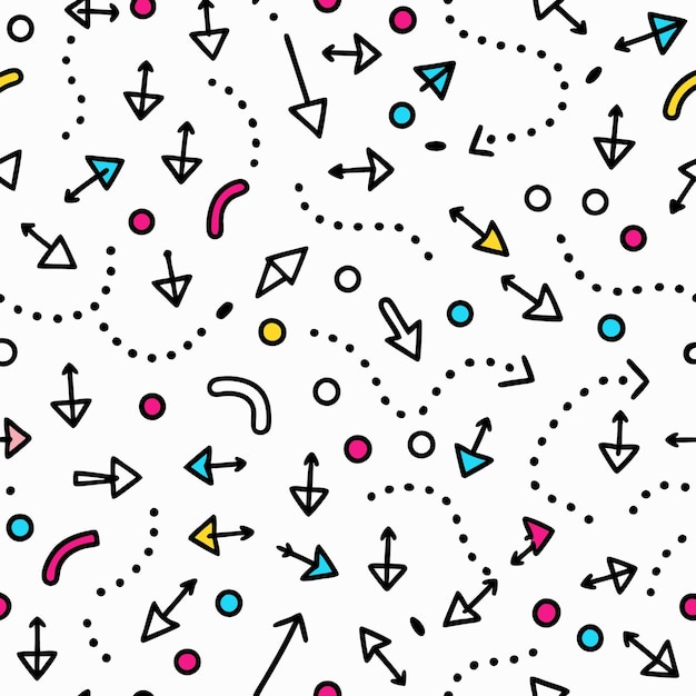 Patrón sin costuras con coloridas flechas, puntos y líneas