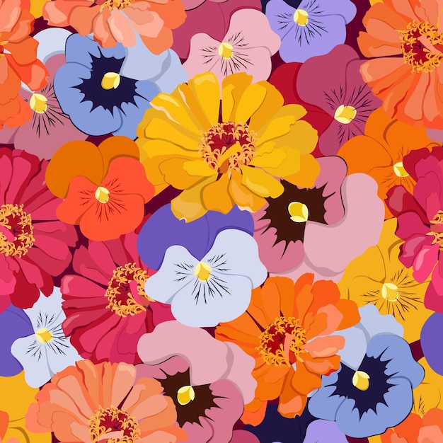 Patrón sin costuras con coloridas flores de panzi y crisantemo