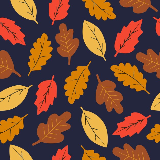 Patrón sin costuras con coloridas hojas de otoño en fondo oscuro Diseño plano de la temporada de otoño para papel tapiz