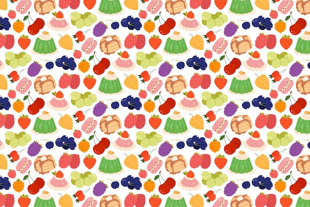 Patrón sin costuras colorido con bayas y dulces Tema minimalista de verano