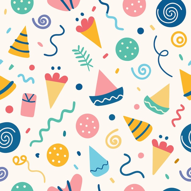 Patrón sin costuras con colorido sombrero de fiesta confeti cono de helado remolino y puntos