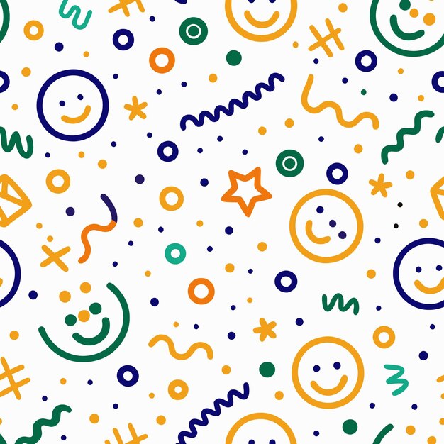 Patrón sin costuras colorido con sonrisas, estrellas y formas geométricas