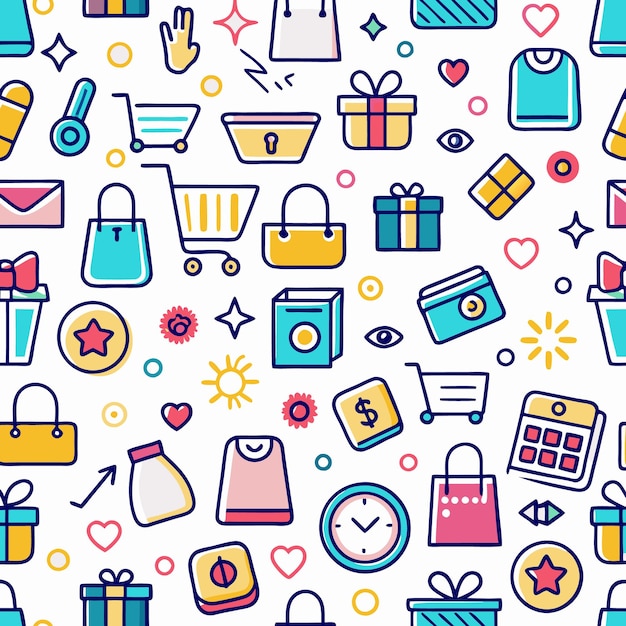 Un patrón sin costuras colorido con varios iconos de compras, amor y tiempo