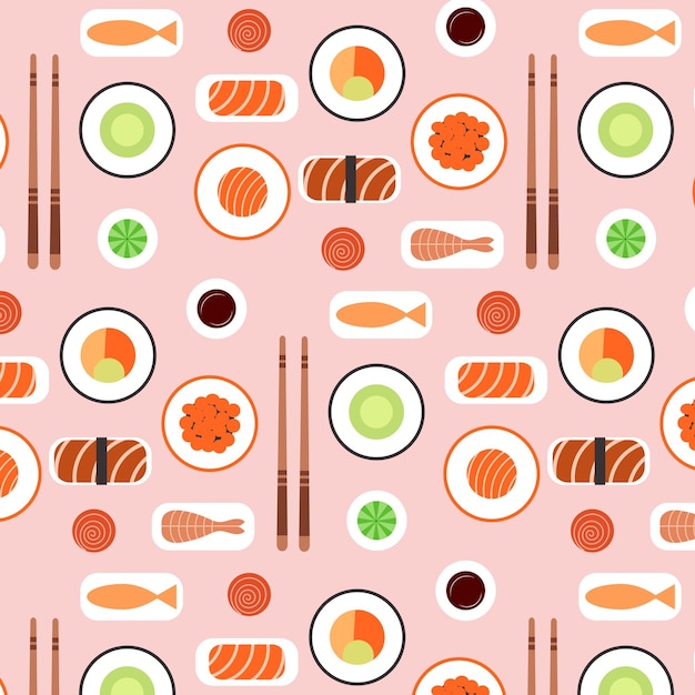 Patrón sin costuras de comida asiática de sushi y mariscos en estilo de dibujos animados planos
