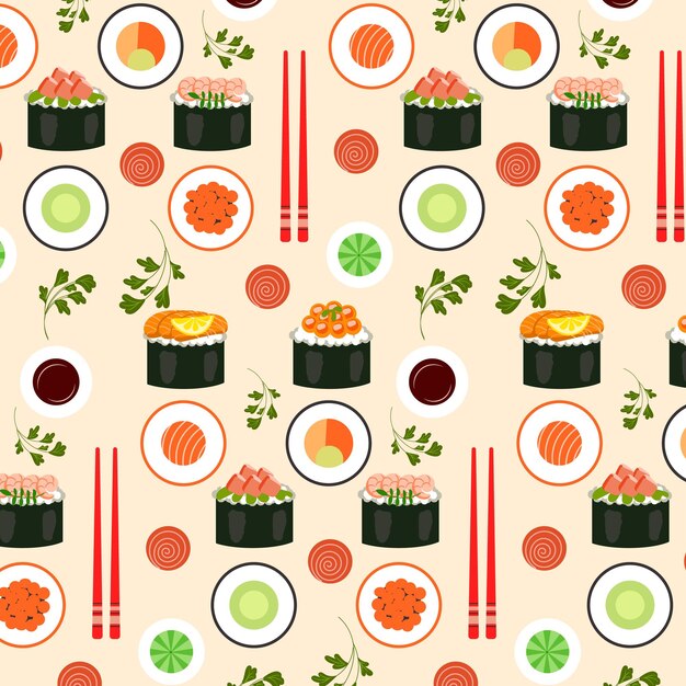 Patrón sin costuras de comida asiática de sushi y mariscos en estilo de dibujos animados planos