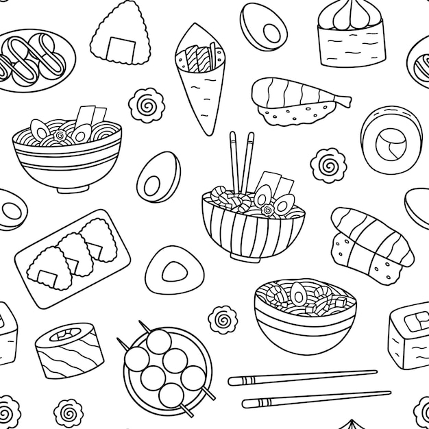 Patrón sin costuras de comida japonesa doodle cocina asiática en estilo boceto