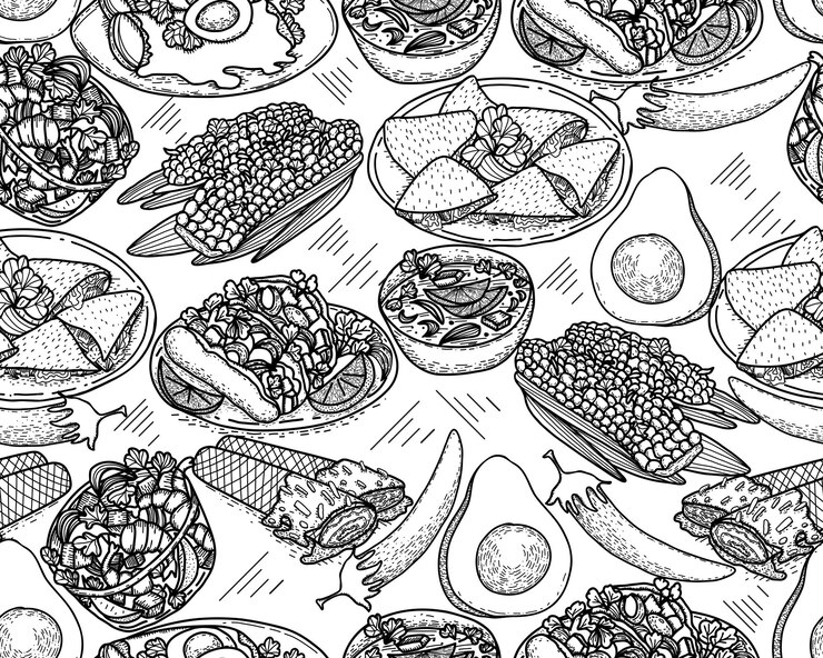 Vector patrón sin costuras de comida mexicana vectorial boceto dibujado a mano con comida latinoamericana