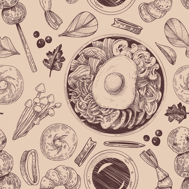 Patrón sin costuras con comida tradicional coreana en estilo gráfico sobre fondo artesanal.