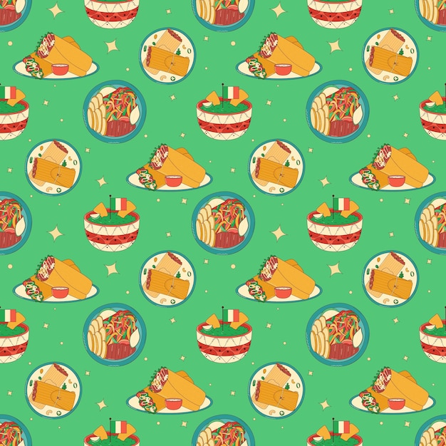 Patrón sin costuras de comida tradicional mexicana Ilustración vectorial en estilo dibujado a mano