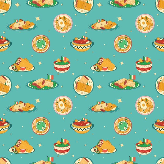 Patrón sin costuras de comida tradicional mexicana Ilustración vectorial en estilo dibujado a mano
