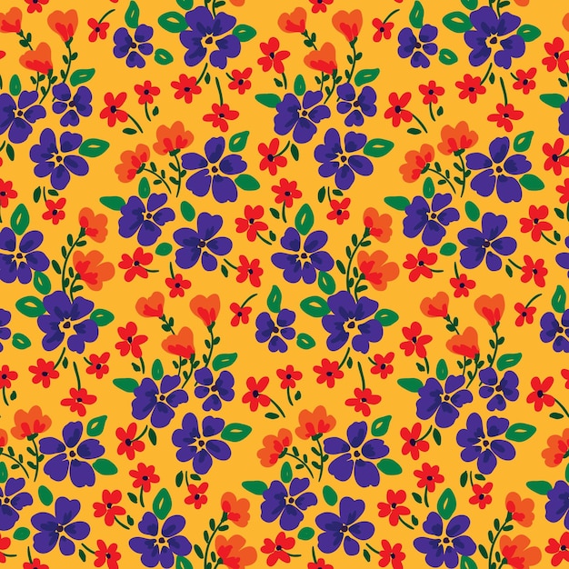 Patrón sin costuras con composición botánica rústica composición liberty de pequeñas flores hojas sobre un fondo amarillo estampado floral simple con plantas dibujadas a mano ilustración vectorial