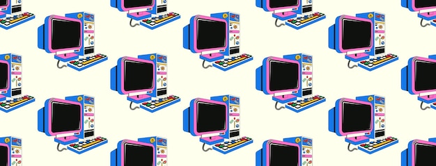 Patrón sin costuras con computadora retro en estilo Y2k Fondo colorido de computadora rosada en isométrico