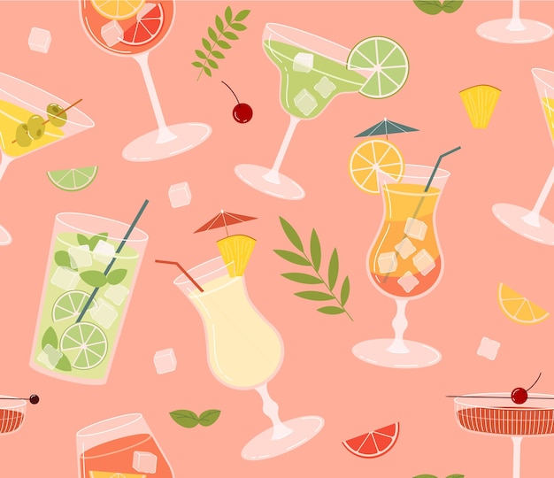 Patrón sin costuras con concepto de cócteles Elemento de diseño repetitivo para imprimir en tela Bebidas alcohólicas con rodajas de fruta y pajitas Bebida para fiesta Ilustración de vector plano de dibujos animados