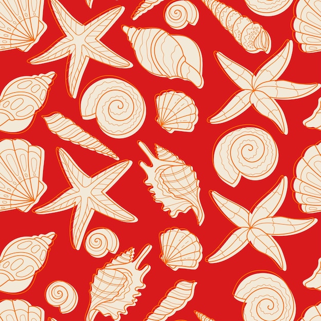Patrón sin costuras con concha de mar Tiempo de verano mar bajo el agua Ilustración vectorial dibujada a mano para envolver papel papel tapiz portada de cuaderno