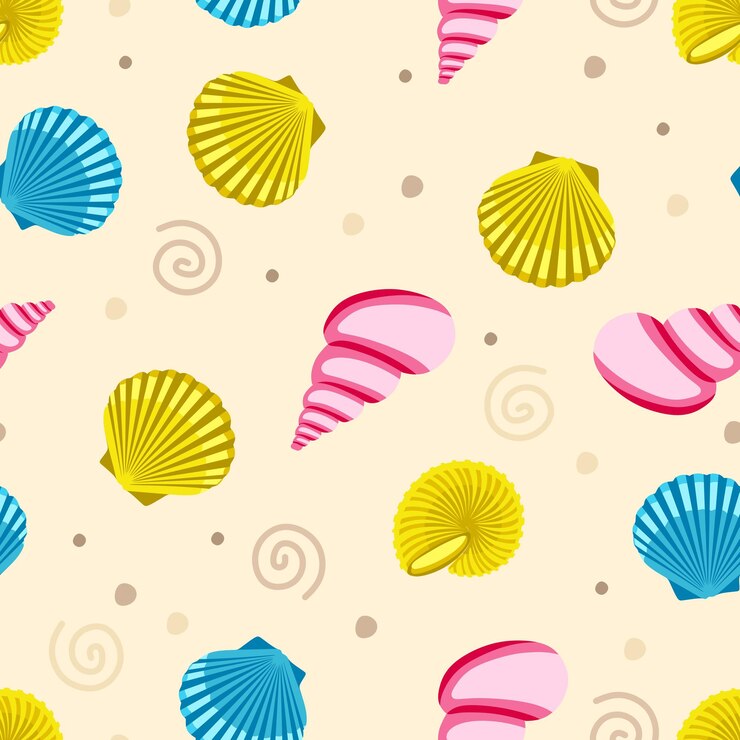 Vector patrón sin costuras con conchas y almejas sobre un fondo beige para imprimir en diseño de papel de tela