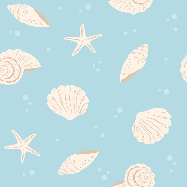 Patrón sin costuras con conchas de mar y estrellas de mar Ilustración verano de fondo marino en estilo plano para tela de papel tapiz y textiles Fondo azul de verano Vector