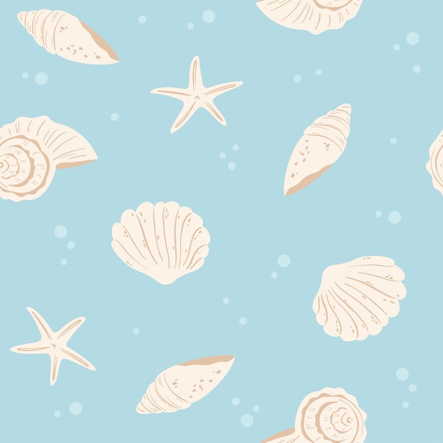 Patrón sin costuras con conchas de mar y estrellas de mar ilustración verano de fondo marino en estilo plano para tela de papel tapiz y textiles fondo azul de verano vector