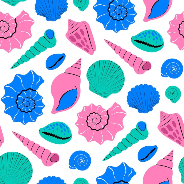 Patrón sin costuras de conchas marinas sobre fondo blanco en un estilo plano de moda