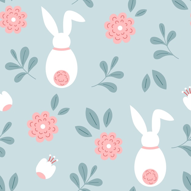 Patrón sin costuras con conejito de pascua y flores en colores pastel Ilustración de vector plano