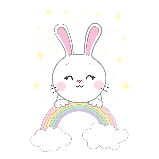 Patrón sin costuras de conejo cara linda con arco iris Imagen para pantalla de pegatina de estandarte de papel tapiz Gráfico para niños