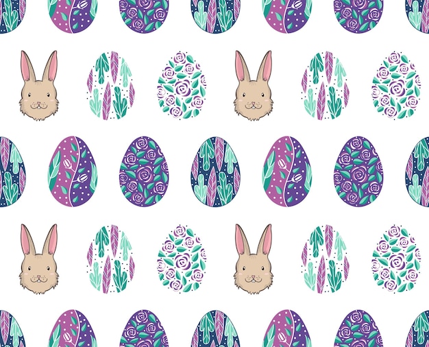 Vector patrón sin costuras con conejo de pascua y conejito y huevos en color púrpura