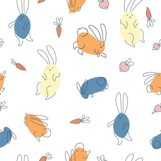 Patrón sin costuras con conejos divertidos Impresión de animales Mascotas Decoración festiva Un patrón de elementos simples Ilustración vectorial