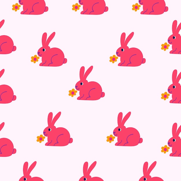 Patrón sin costuras con conejos rosados sosteniendo flores amarillas en un fondo claro Suave y alegre