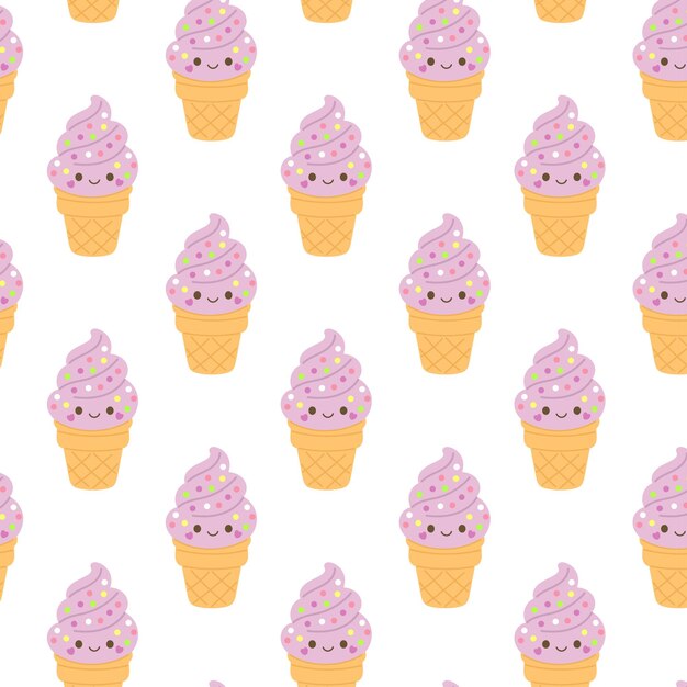 Patrón sin costuras de cones de helado con crema batida rosada y caras sonrientes