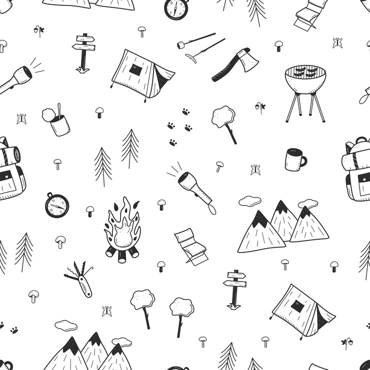 Patrón sin costuras Conjunto de iconos de garabateo de acampada Ilustración vectorial de elementos de senderismo