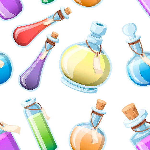 Vector patrón sin costuras. conjunto de pociones mágicas. botellas con líquido de colores. icono de juego de elixir mágico. icono de poción púrpura. mana, salud, veneno o elixir mágico. ilustración sobre fondo blanco