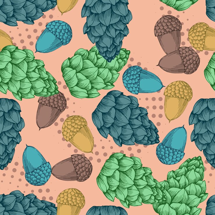 Vector patrón sin costuras con conos de pino y bellotas estilo de boceto de color fondo dibujado a mano ilustración detallada dibujada a mano ideal para impresiones de telas y textiles embalaje de invitaciones o cualquier idea deseada