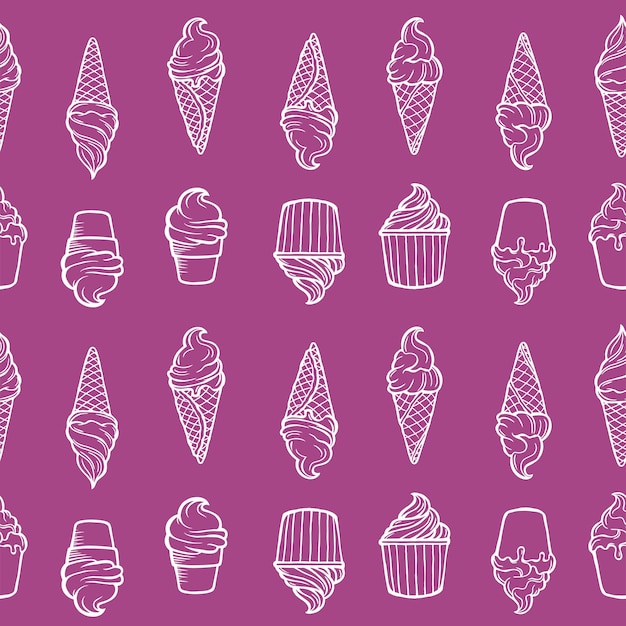 Patrón sin costuras con conos y tazas de helado sobre un fondo púrpura