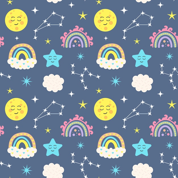 Patrón sin costuras con constelaciones boho arco iris nubes kawaii luna y estrellas