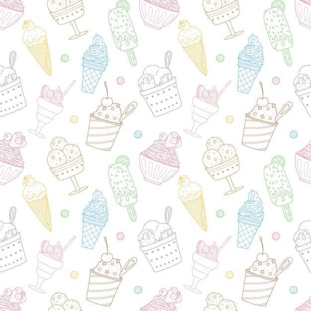 Vector patrón sin costuras con contorno diferentes helados paletas waffle cuenco con comida batida postres dulces de verano ilustración de vector lineal de color dibujado a mano sobre fondo blanco