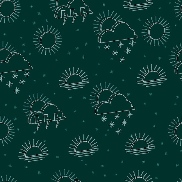 Patrón sin costuras de contorno verde suave aislado iconos meteorológicos 3D en un fondo verde oscuro con c