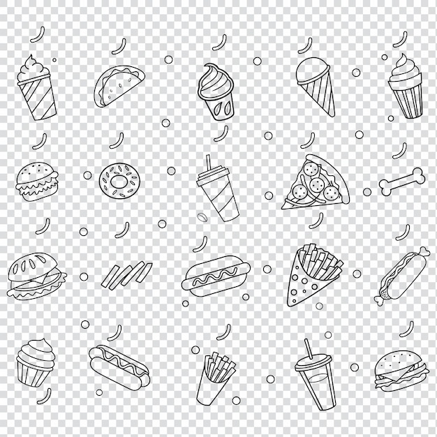Patrón sin costuras de contornos de artículos de comida rápida en un fondo transparente