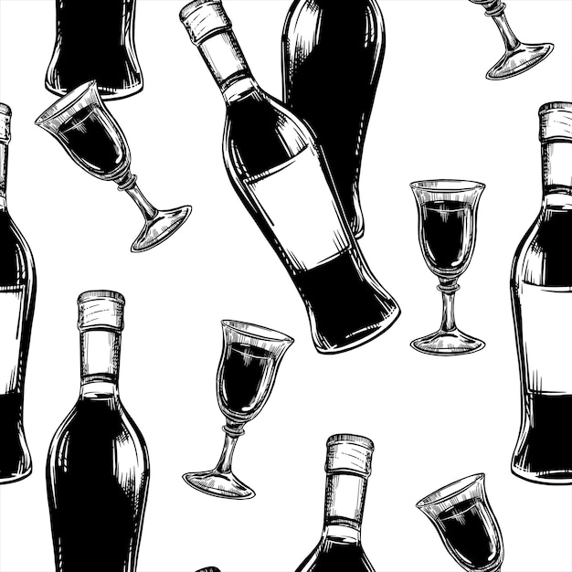 Patrón sin costuras de copas y botellas de vino Ilustración vectorial que imita un pincel y dibujo de tinta negra Clipart para un menú de vino de bodega o embalaje Fusión de efecto grunge y vintage