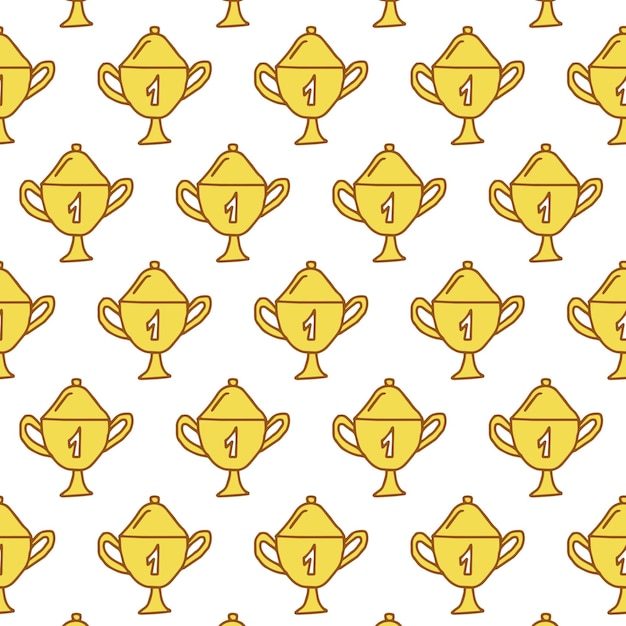 Patrón sin costuras de copas de trofeo de oro con número uno en fondo blanco Concepto de éxito Premio de logro Trofeos Premio de victoria Premio de primer lugar Premio de papel tapiz Impresión Textil
