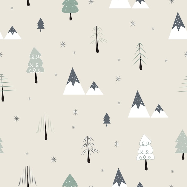 Patrón sin costuras con copos de nieve del bosque y fondo de montaña de invierno Ilustración vectorial