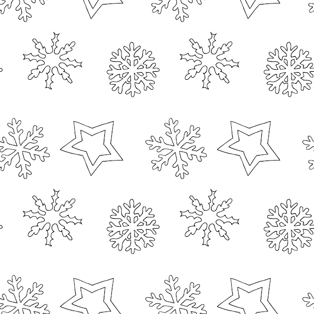 Patrón sin costuras con copos de nieve y estrellas ilustración vectorial dibujada a mano