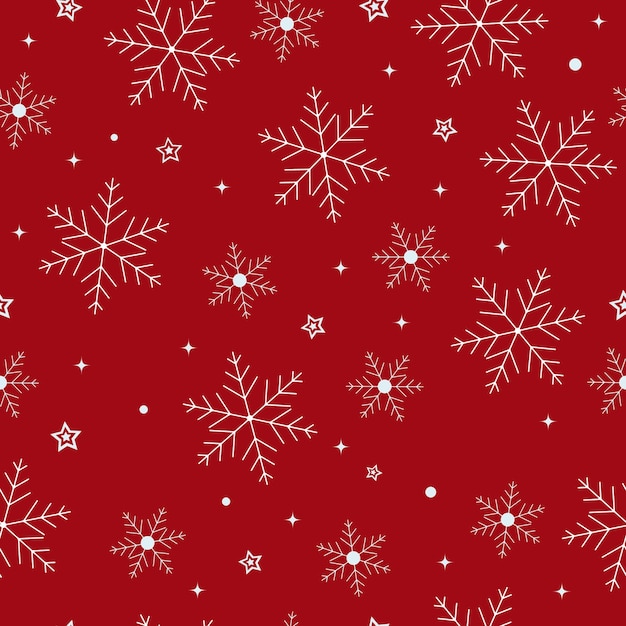 Patrón sin costuras de copos de nieve. Fondo rojo de Navidad. Fondo de repetición de nevadas.