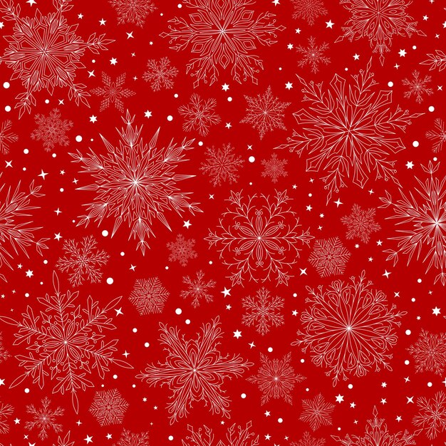 Patrón sin costuras con copos de nieve de Navidad grandes y pequeños complejos en colores rojos Fondo de invierno con nieve que cae