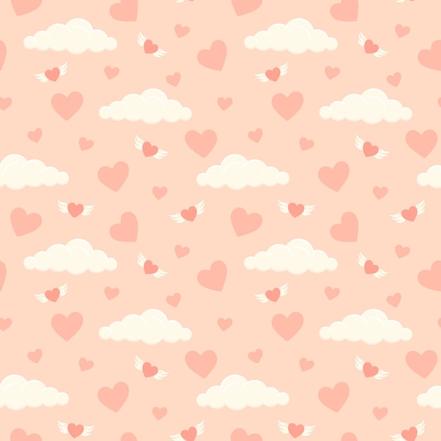 Patrón sin costuras con corazones de amor y nubes Día de San Valentín fondo rosa para el embalaje