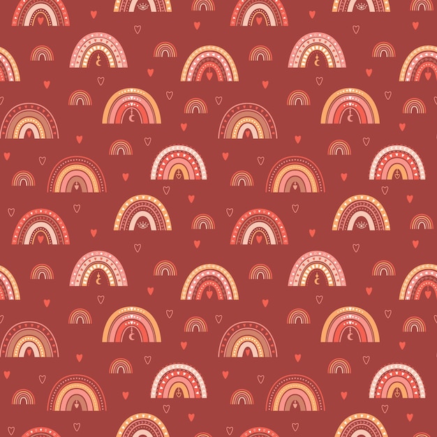 Patrón sin costuras con corazones de arco iris boho y elementos boho Perfecto para empaquetar textiles para el hogar de papel Ilustraciones vectoriales sobre un fondo marrón rojo