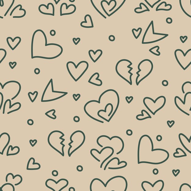 Patrón sin costuras de corazones y corazones rotos dibujados a mano aislados en fondo marrón Ilustración vectorial del Día de San Valentín