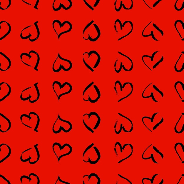 Patrón sin costuras con corazones dibujados a mano Doodle grunge corazones negros sobre fondo rojo Ilustración vectorial