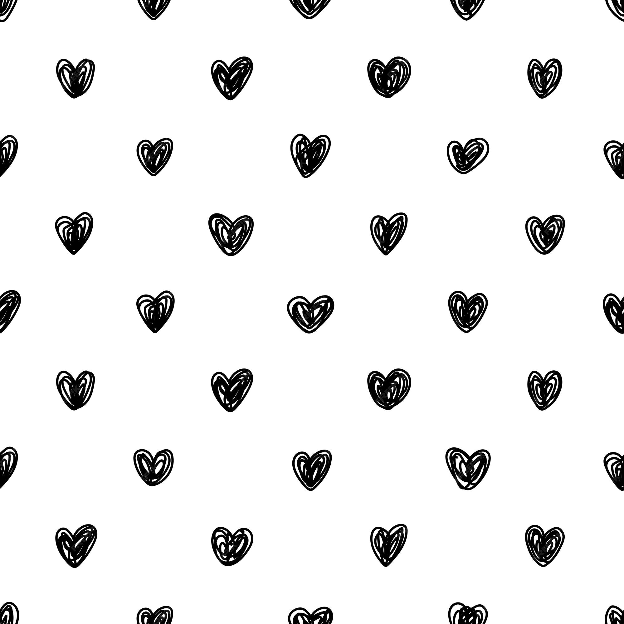 Patrón sin costuras con corazones dibujados a mano fondo incompleto en  blanco y negro para envolver papel telas fondos de pantalla postales y más  | Vector Premium